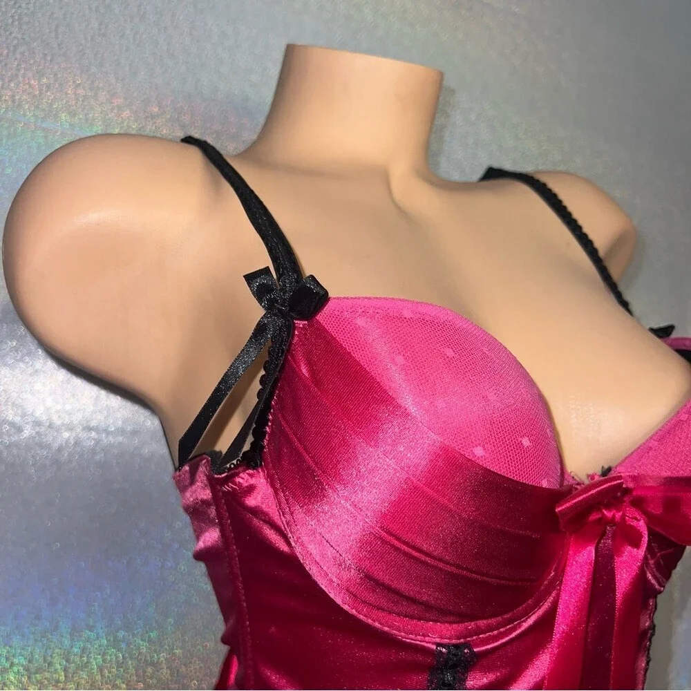icollection corset top pink black shiny satin bows lace up sexy lingerie costume